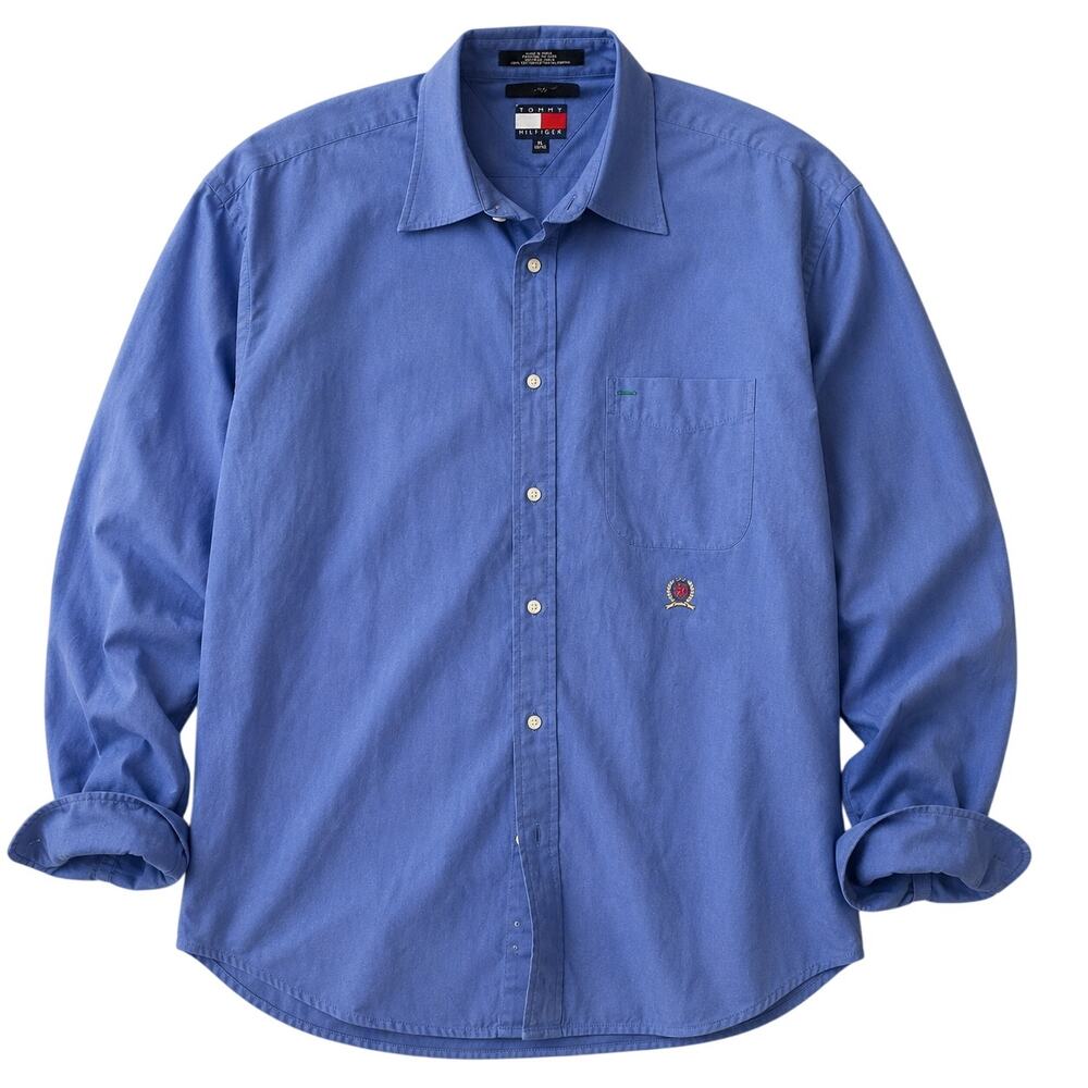 Vtg Tommy Hilfiger Shirt Men's Blue Long Sleeve Crest Logo Button Up-XL